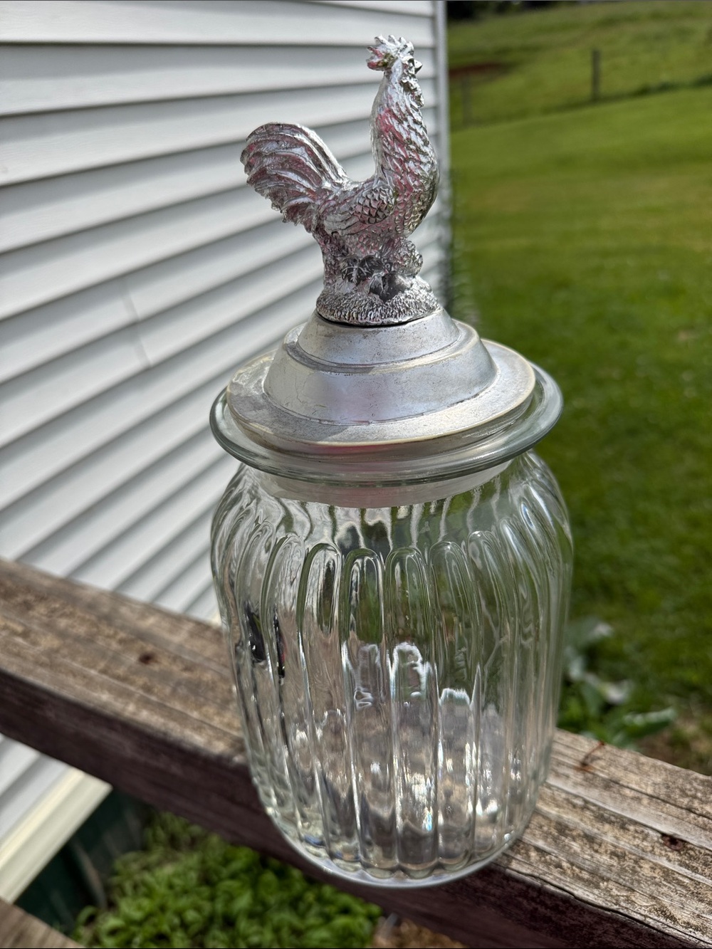 Clear Glass Jar with Silver Rooster Lid - Decorative Storage vintage ginger jar